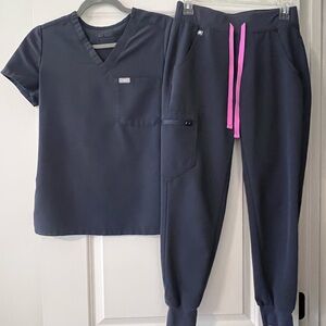 Figs Navy Jogger Set with Pink Drawstrings